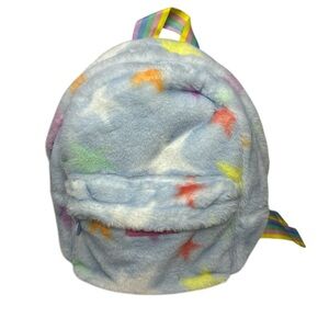 Stella McCartney Blue Plush Faux Fur Backpack Stars and Rainbow Straps Adorable